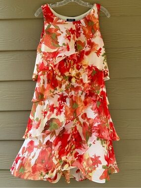 SLNY Red Orange Floral S.L. Fashions Layered Sleeveless Sundress Size 8